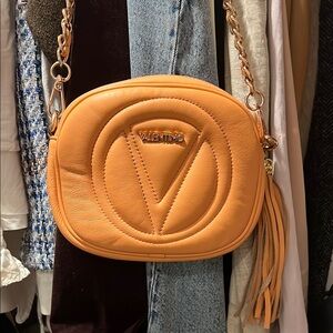 Valentino Orange Quilted Crossbody Bag with Gold Chain
